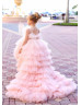 Pink Tulle Ruffled High Low Flower Girl Dress With Removable Train